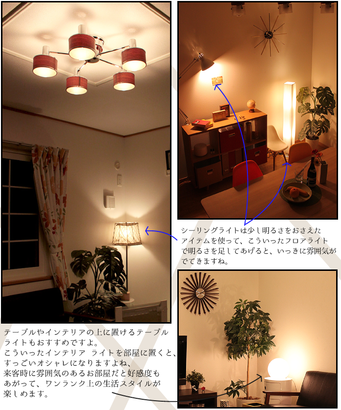 シーリングライトとインテリアライトを使った部屋のライティングイメージ